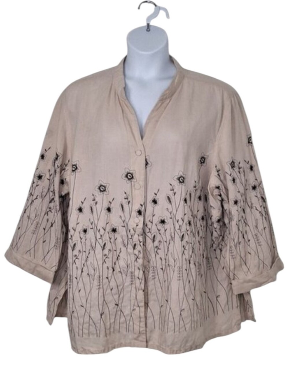 Tweeds 100% Linen Floral Embroidered Blouse Sz 3X Boho Cottagecore Top
